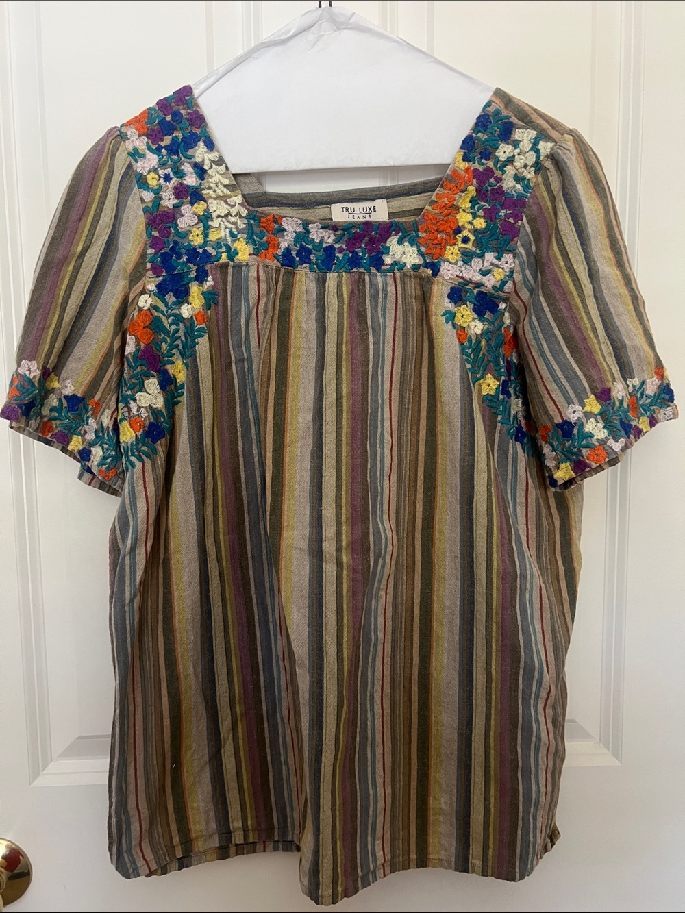 Tru Luxe Jeans Striped Blouse with Colorful Floral Embroidery